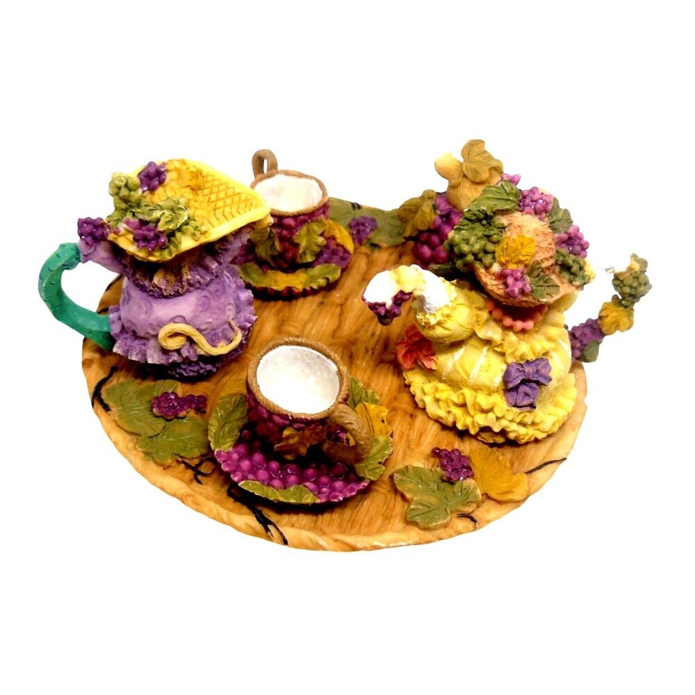 Hand-Painted Resin Mouse Tea Party Figurine Set Grapevine Details Round Tray - Picture 2 of 4